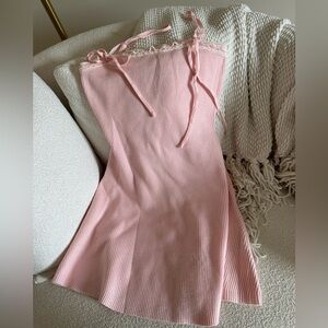 Edikted Blush Pink Ribbed Tie-Shoulder Mini Dress